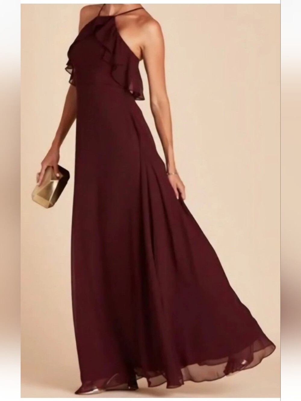 Birdy Grey Jules Cabernet Halter Ruffle Bridesmaid Gown Dress Sz Xsmall Formal